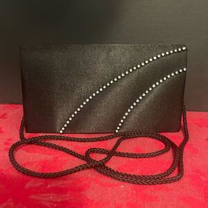 Black‎ satin and rhinestone evening clutch or shoulder bag